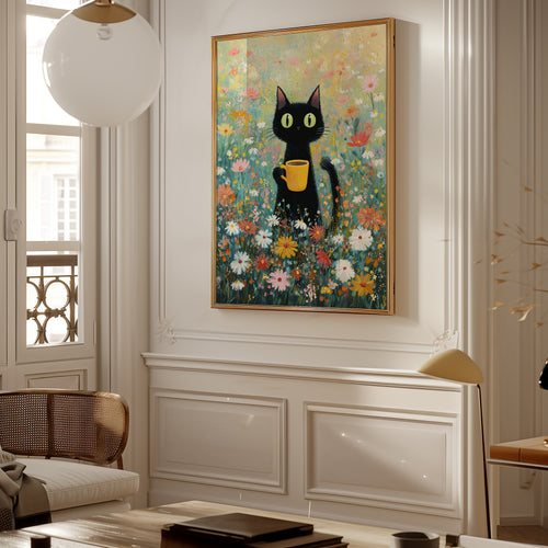 Morning Coffee Cat affisch i ljus ram pa vagg, motiv kant till kant - Bozetto konsttryck