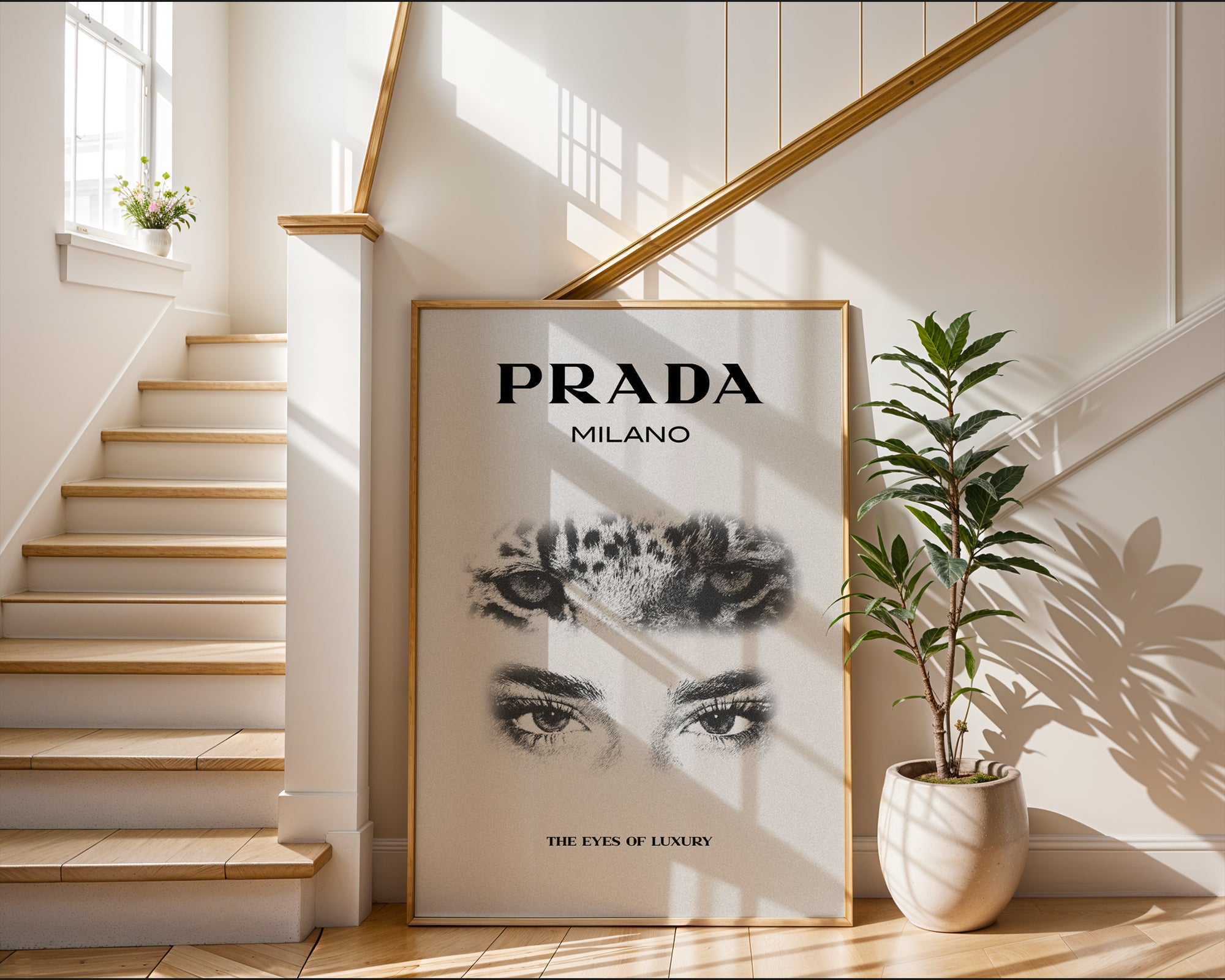 Väggmockup av Prada Milano affisch på ljus tegelvägg – Bozetto konsttryck i hög tryckkvalitet