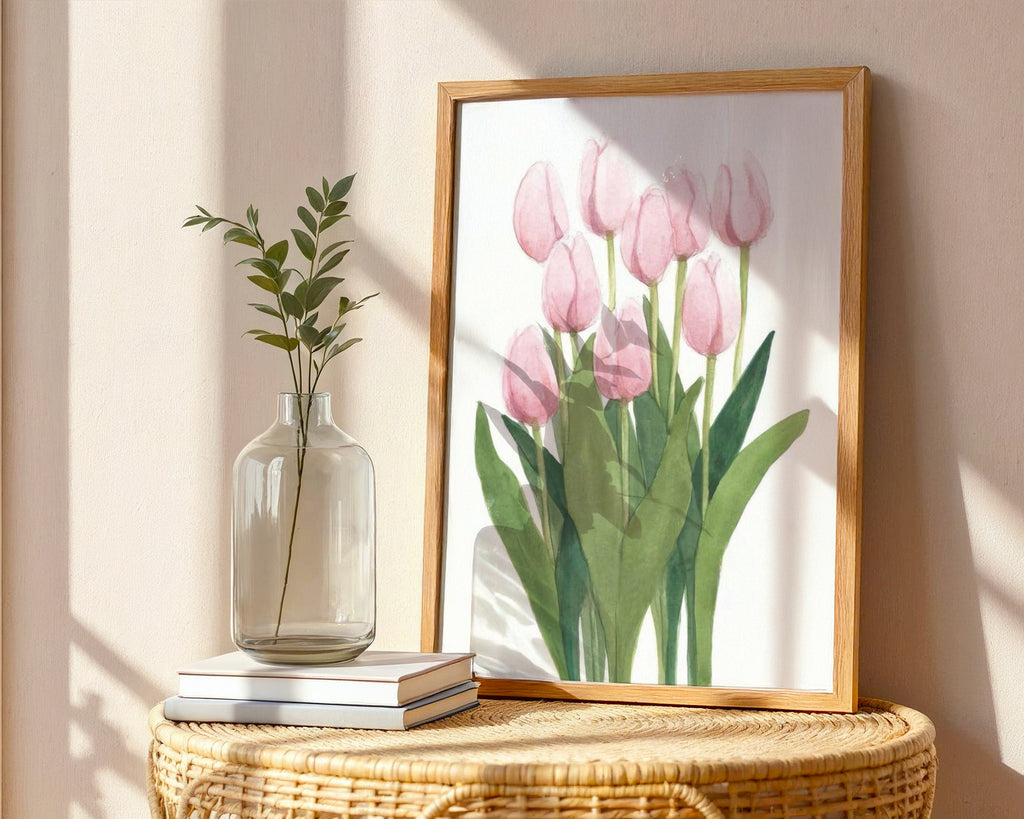 Väggmockup av Pink Tulips affisch på ljus tegelvägg – Bozetto konsttryck i hög tryckkvalitet