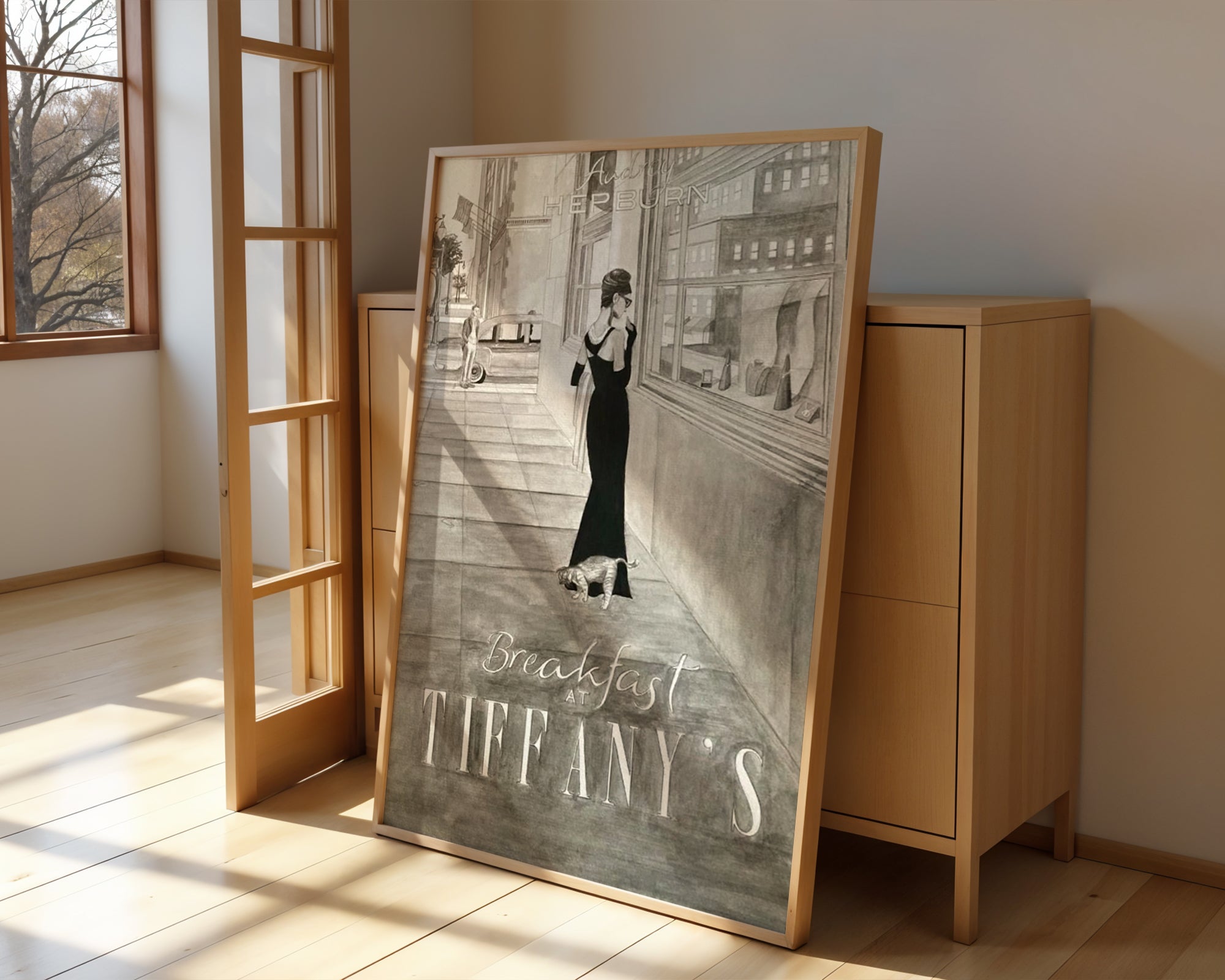 Mockup av Breakfast at Tiffany’s affisch på vägg – köp enkelt hos Bozetto i hög kvalitet