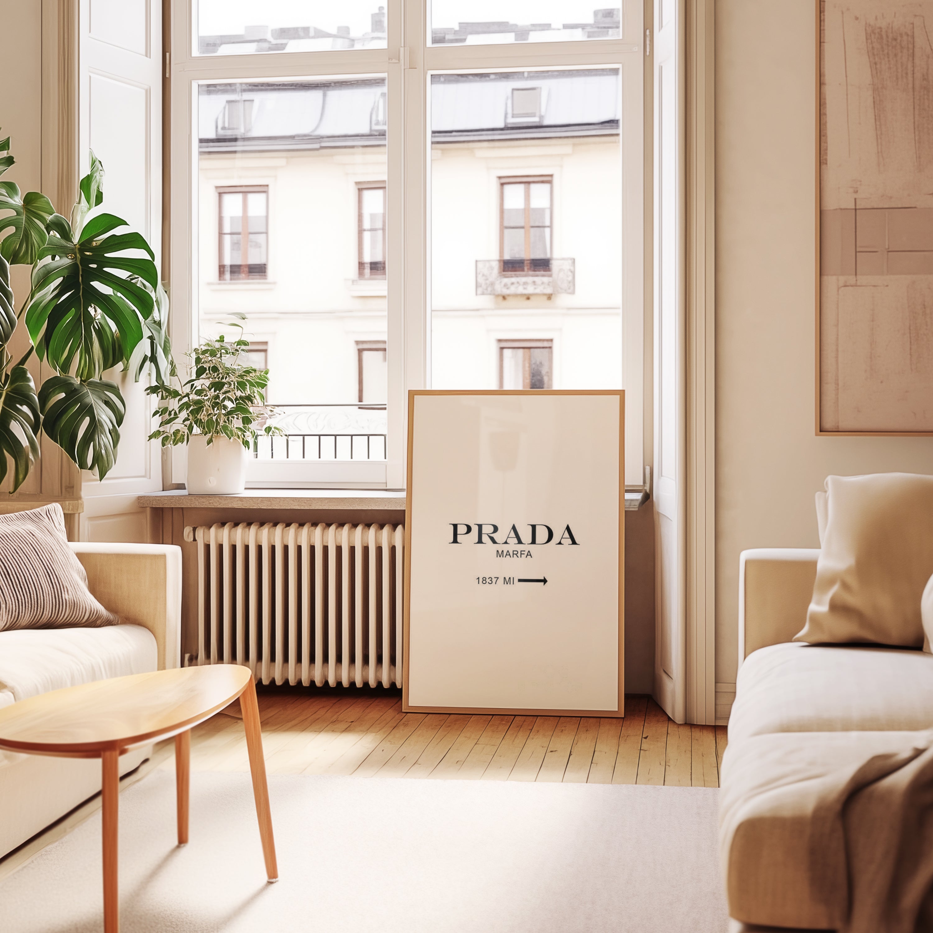 Väggmockup av Prada Marfa affisch på ljus tegelvägg – Bozetto konsttryck i hög tryckkvalitet