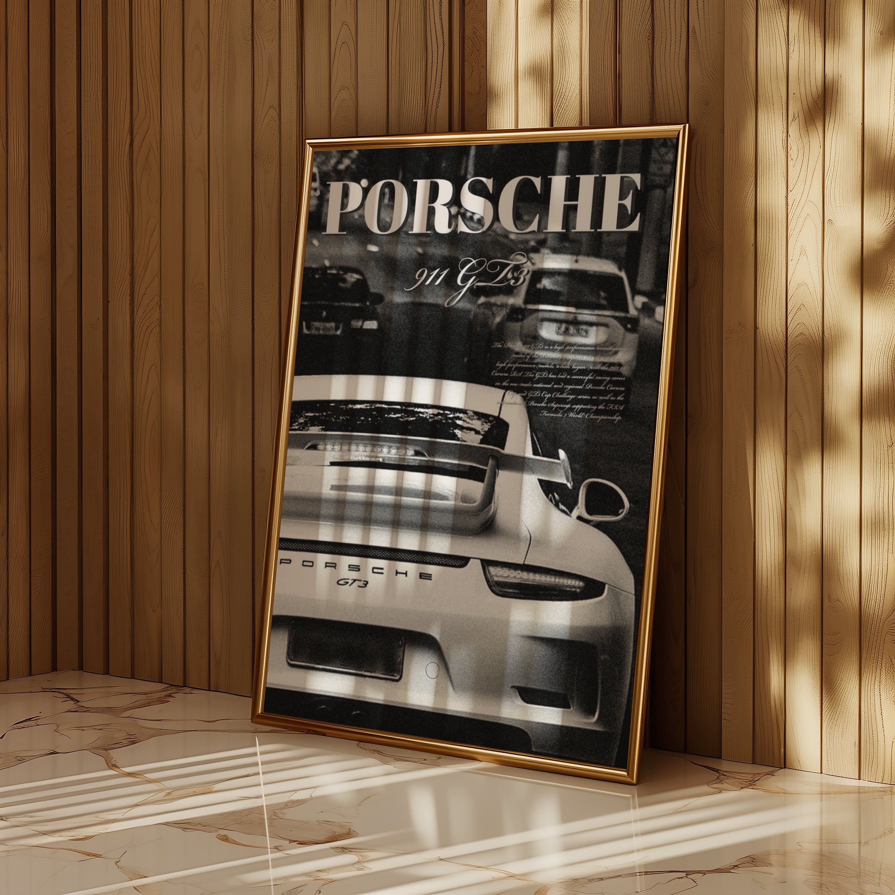 Väggmockup av Porsche 911 GT3 affisch på ljus tegelvägg – Bozetto konsttryck i hög tryckkvalitet