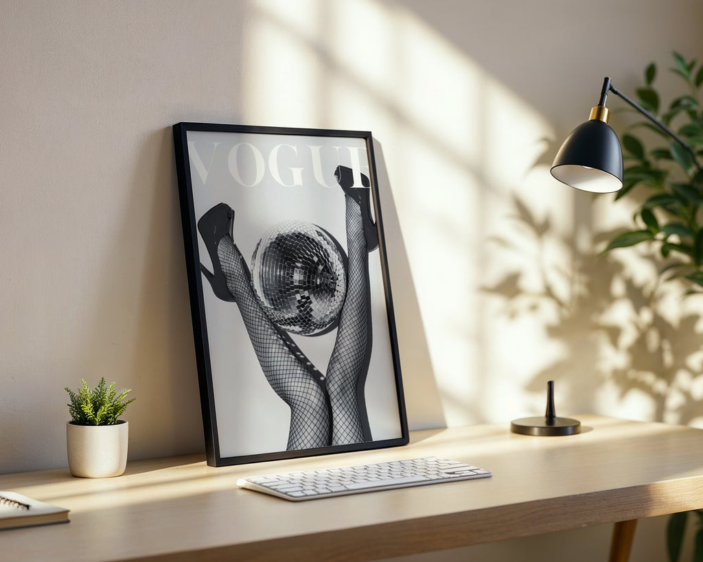 Väggmockup av Vogue Disco affisch på ljus tegelvägg – Bozetto konsttryck i hög tryckkvalitet