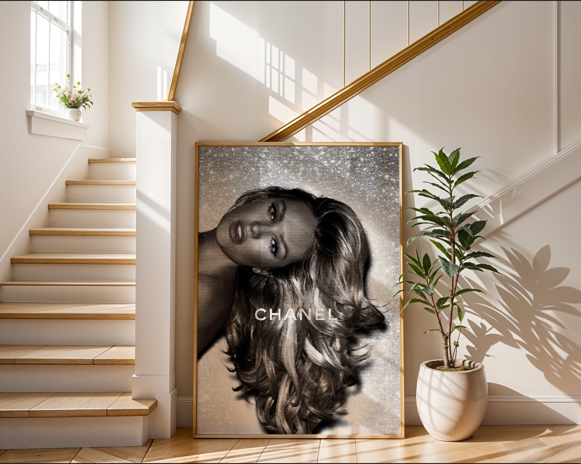 Chanel Glamour poster visualiserad på vägg – se rätt storlek med mockup från Bozetto