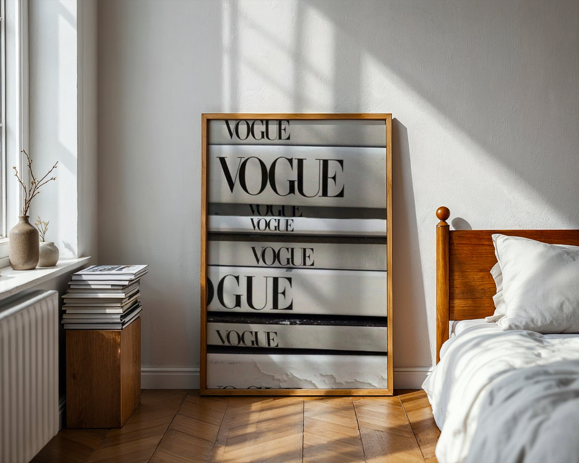 Vogue Stack poster visualiserad på vägg – se rätt storlek med mockup från Bozetto