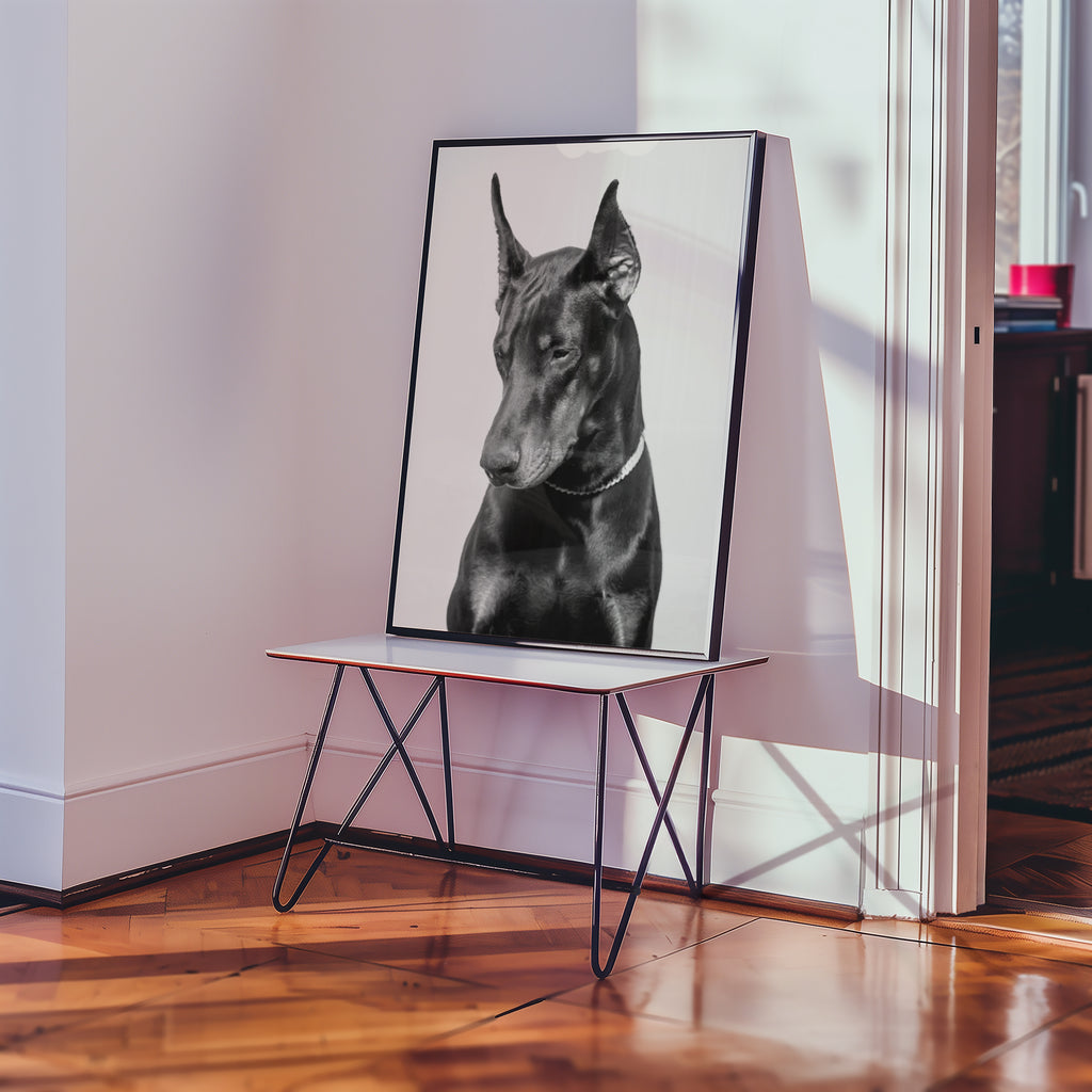 Väggmockup av Noir Doberman affisch på ljus tegelvägg – Bozetto konsttryck i hög tryckkvalitet