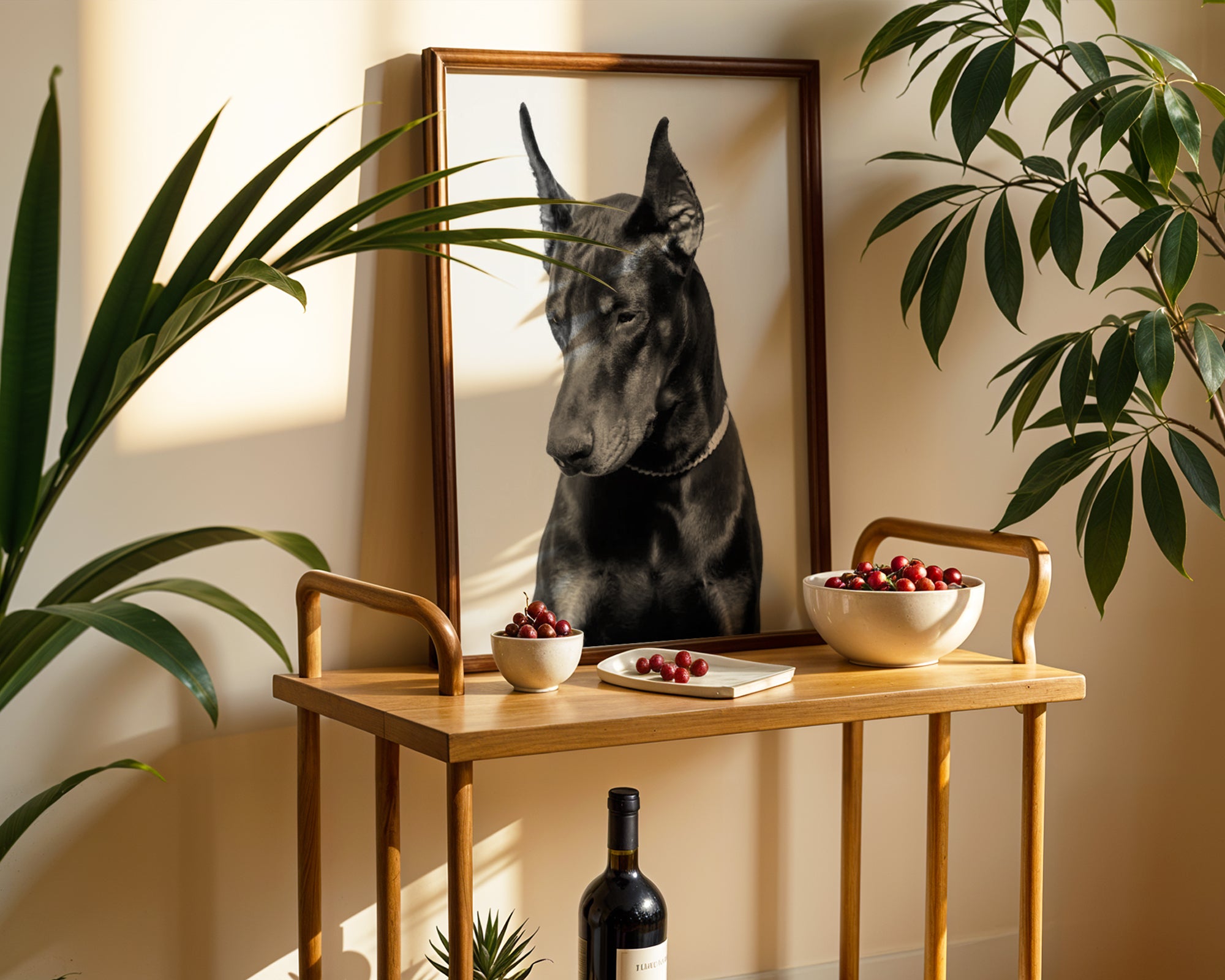 Noir Doberman i väggmockup – konsttryck presenterat i verklig miljö av Bozetto i hög tryckkvalitet
