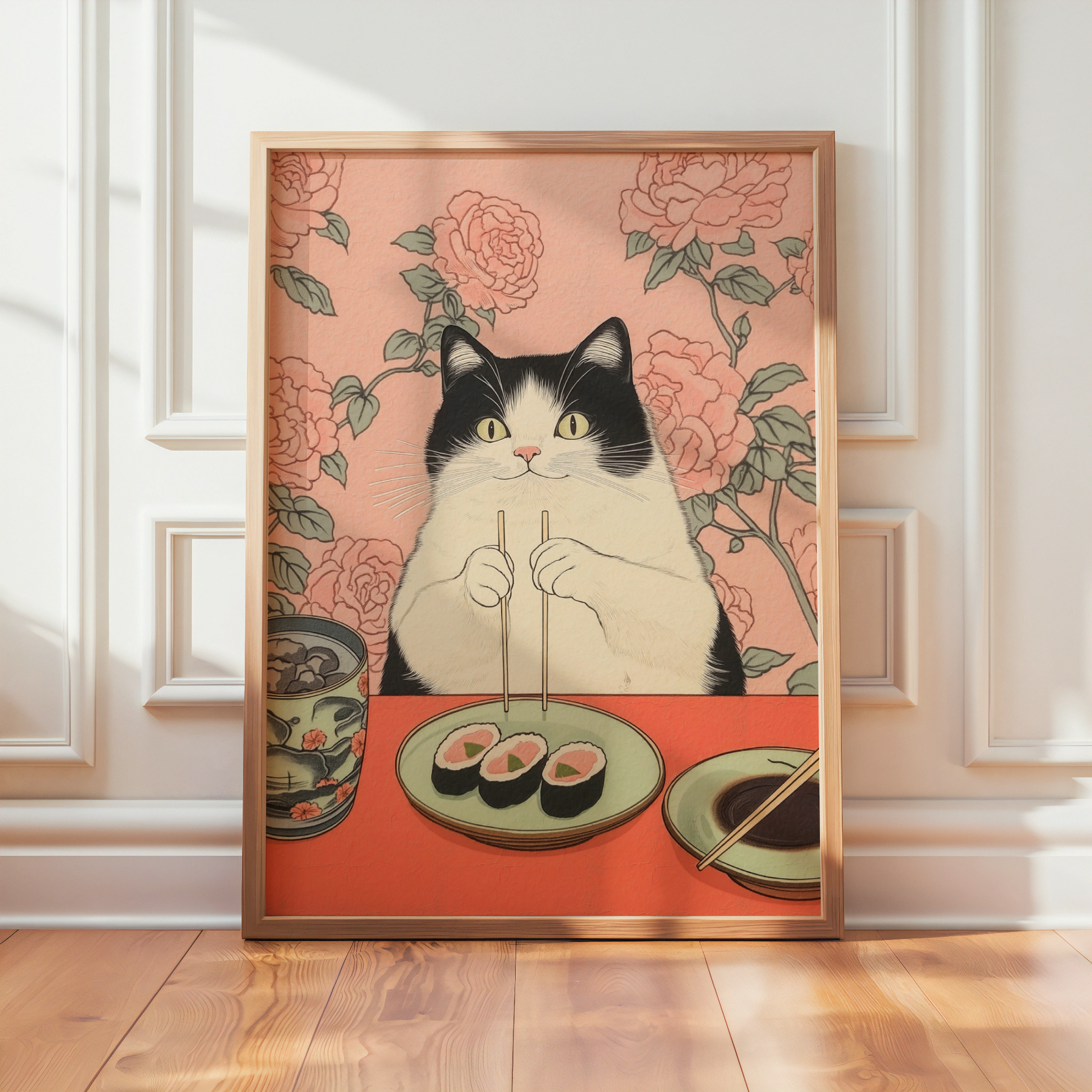 Pink Table Cat – stilfullt konsttryck från Bozetto, tryckt på matt finpapper i hög tryckkvalitet