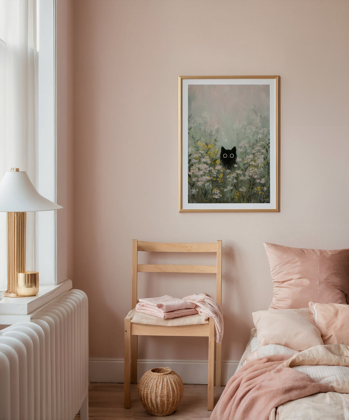 Silent Meadow Cat poster inramad med passepartout i ljust rum, Bozetto konsttryck