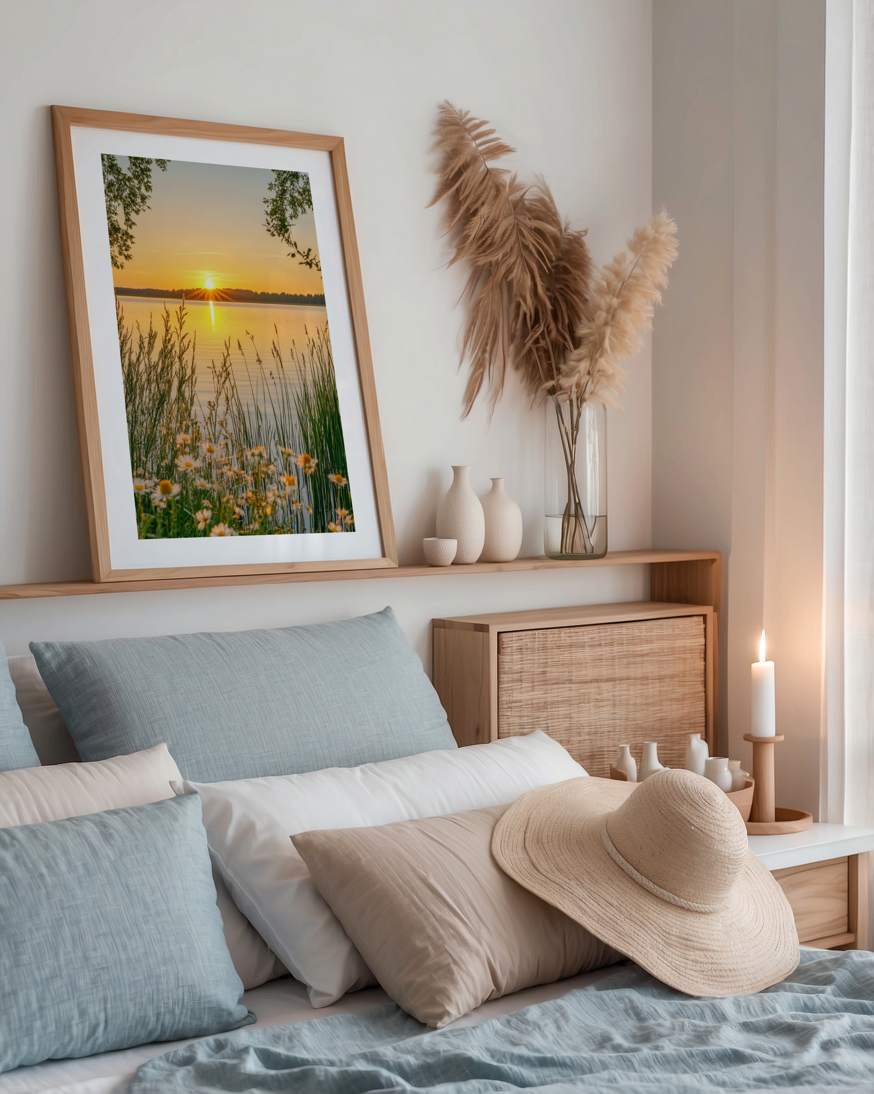 Golden Hour By The Lake Poster mockup på vägg – inramad konstaffisch i interiör från Bozetto