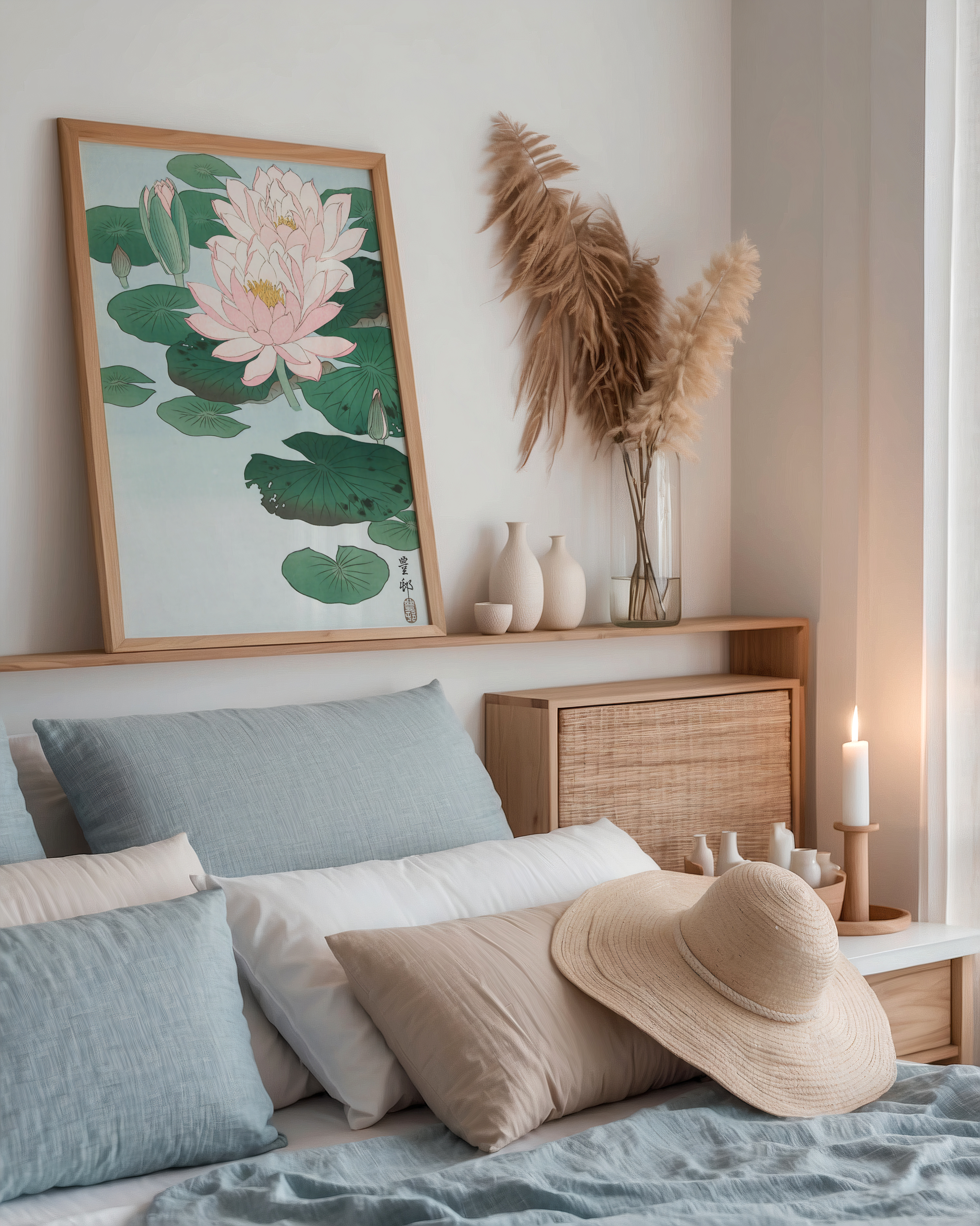 Ohara Koson Lotus Serenity poster visualiserad på vägg – från Bozetto i hög kvalitet