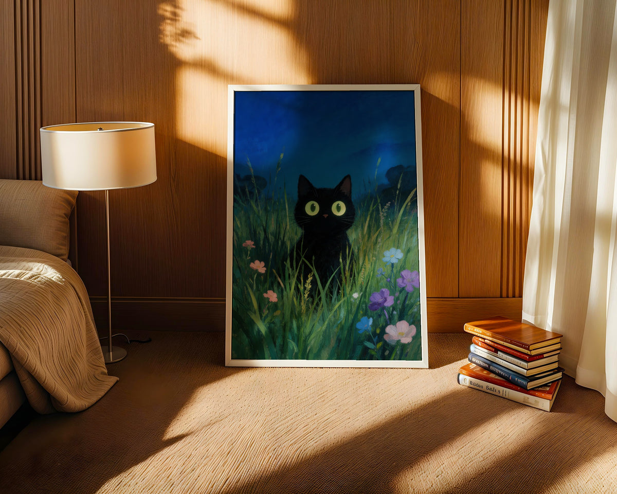 Verdant Night Cat affisch i ram utan passepartout i hemmiljö – Bozetto konsttryck i hög kvalitet