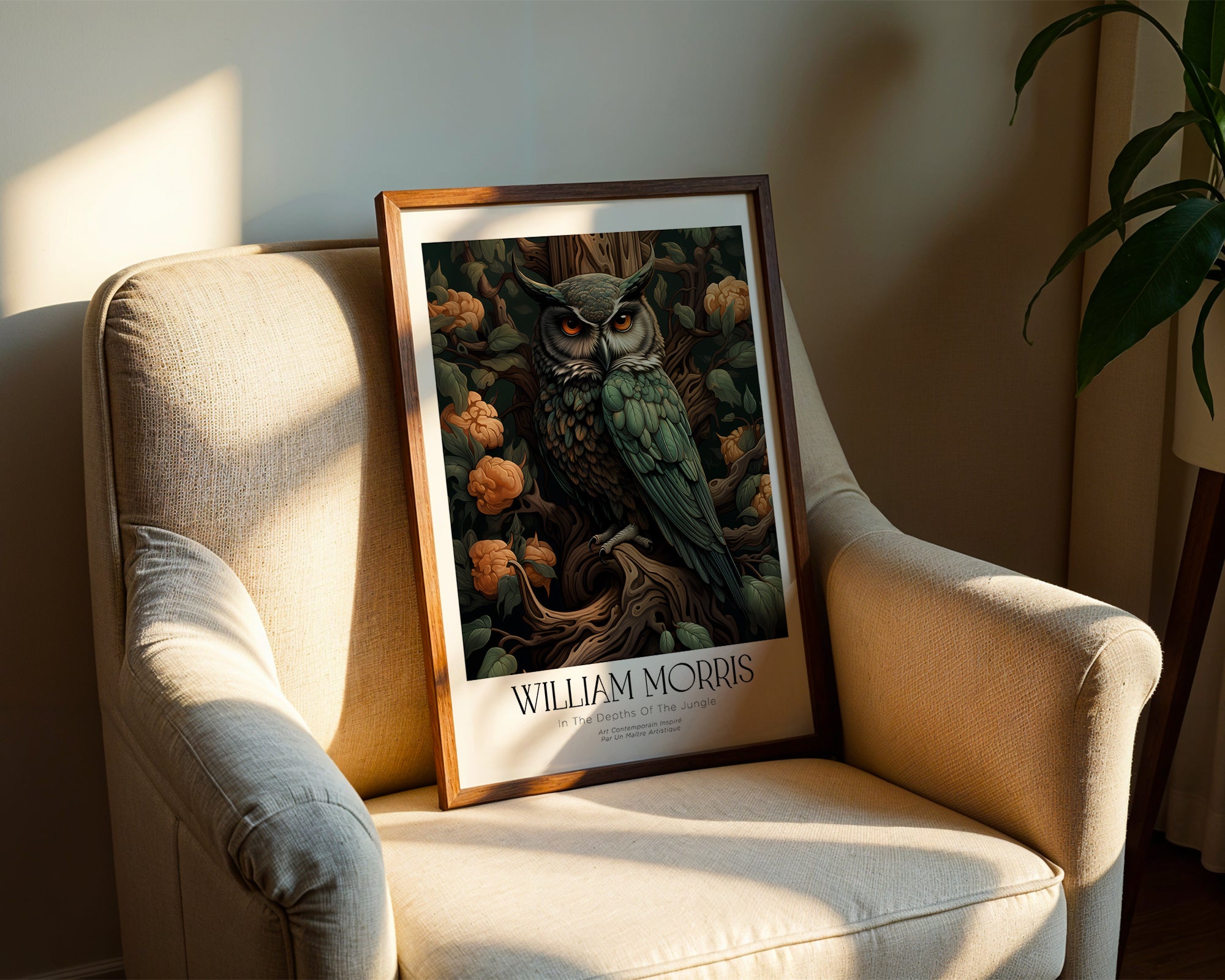 Mockup av William Morris Forest Owl affisch på vägg – köp enkelt hos Bozetto i hög kvalitet