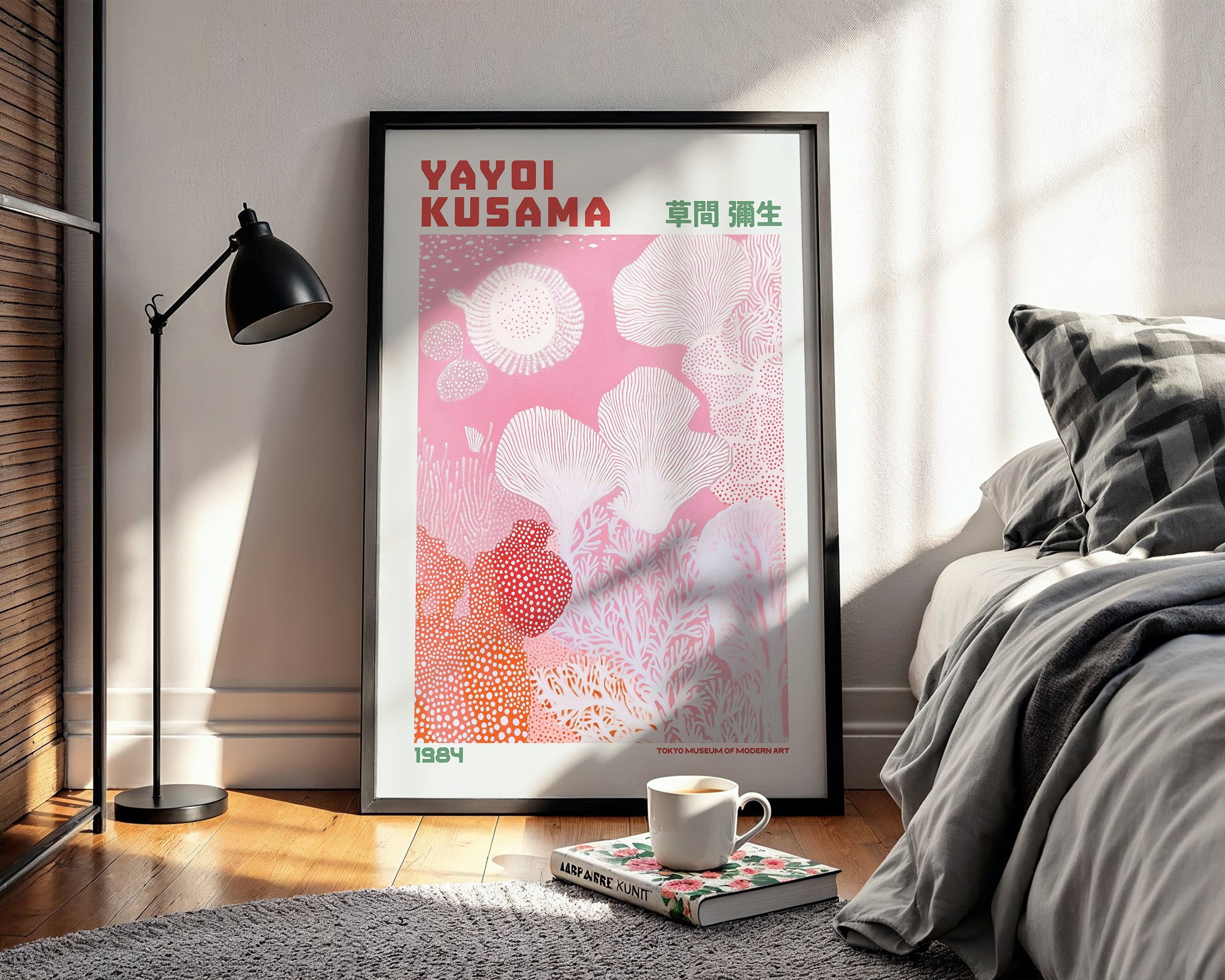 Yayoi Kusama Coral of Infinity poster visualiserad på vägg – stilren mockup från Bozetto