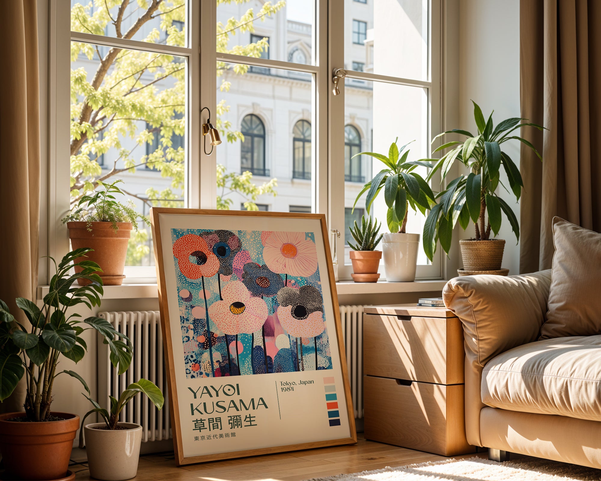 Väggmockup med Yayoi Kusama Polka Bloom – köp enkelt hos Bozetto affisch i hög kvalitet