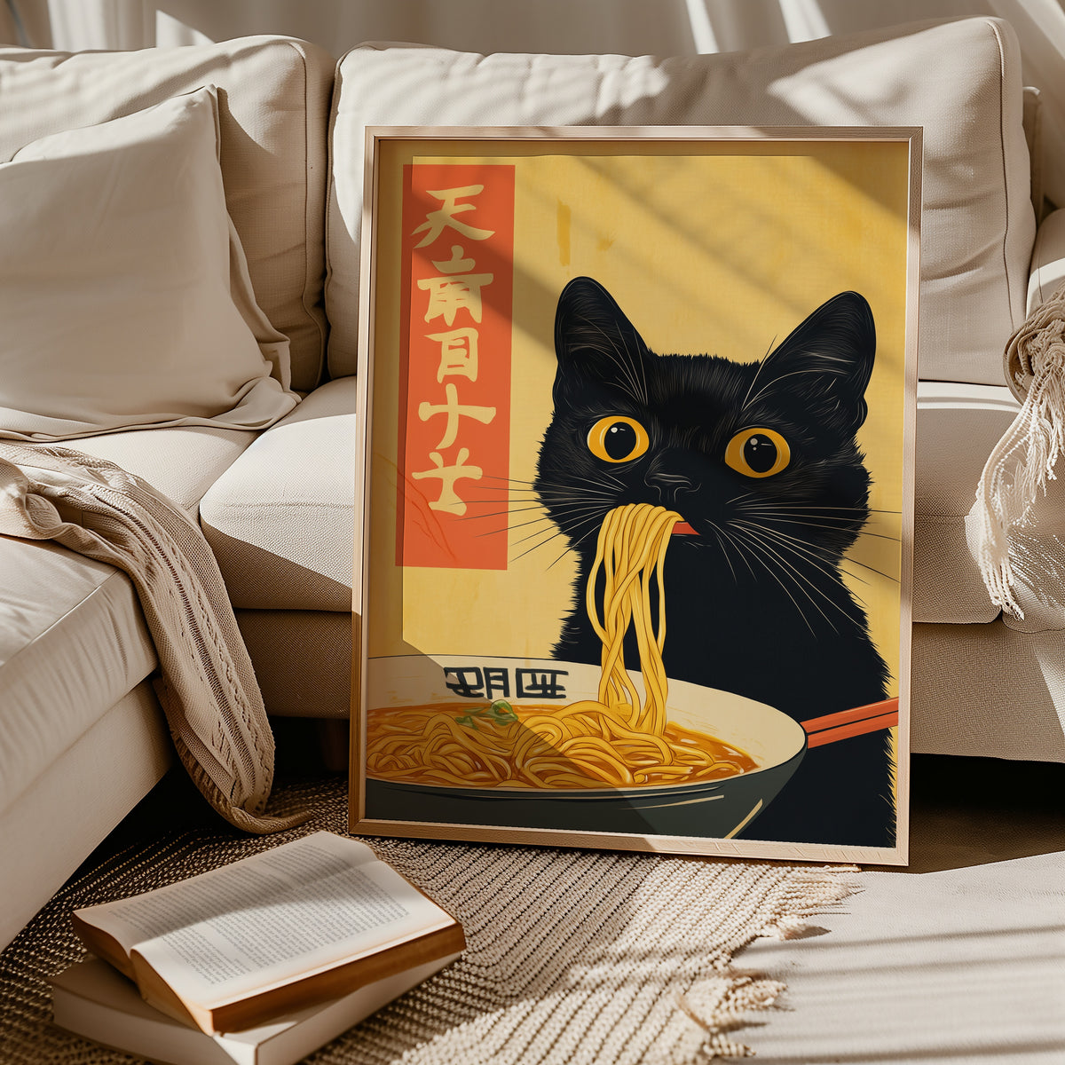 Black Cat Eats Ramen affisch i stilren inredning – Bozetto poster i hög tryckkvalitet