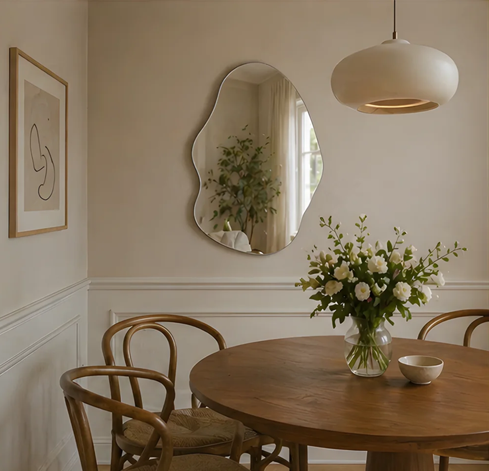 Asymmetrische spiegel op een lichte muur boven een ronde houten tafel met witte bloemen
