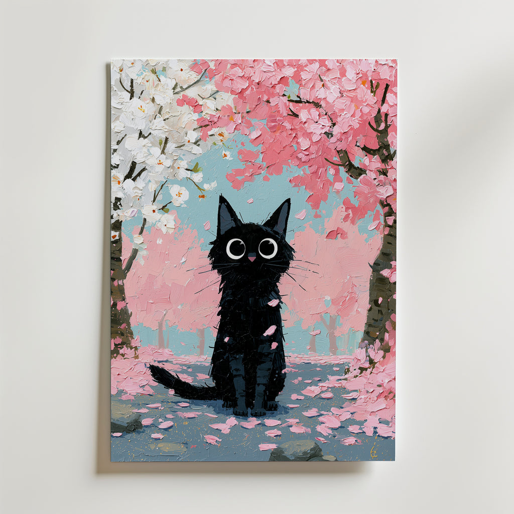 Cat in Apple Orchard Poster, svart kattunge under blommande trad, konsttryck fran Bozetto
