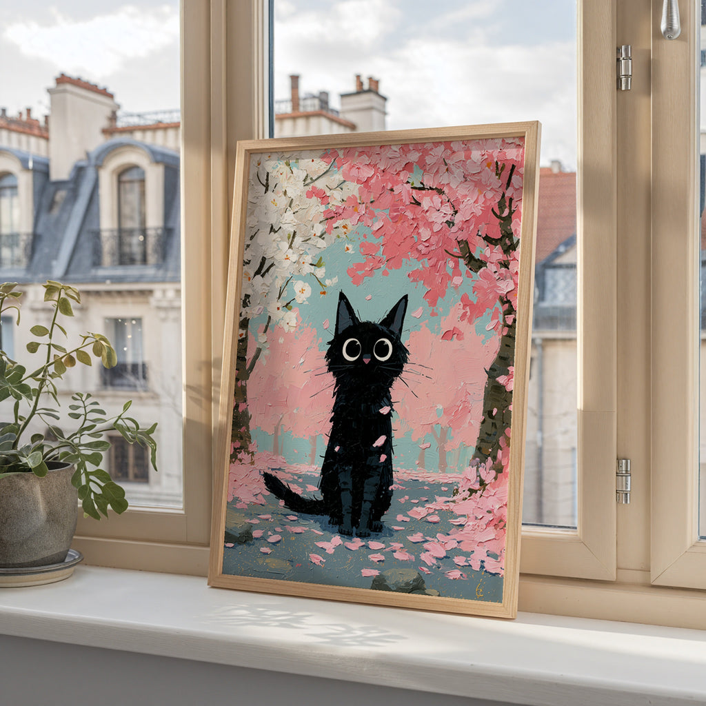 Cat in Apple Orchard Poster inramad pa en vagg i ett ljust vardagsrum