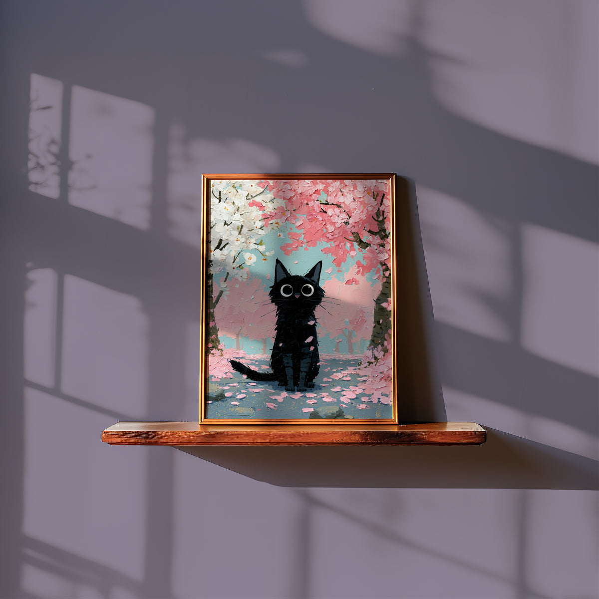 Cat in Apple Orchard Poster som inredningsdetalj over en soffa