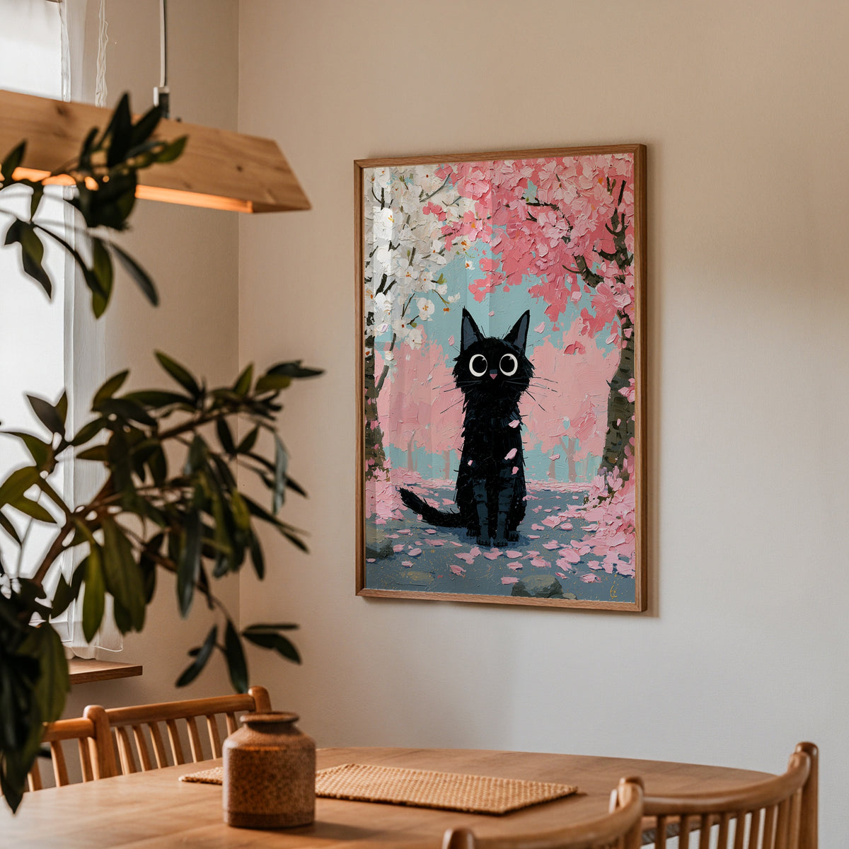 Cat in Apple Orchard Poster pa vaggen i ett modernt hem