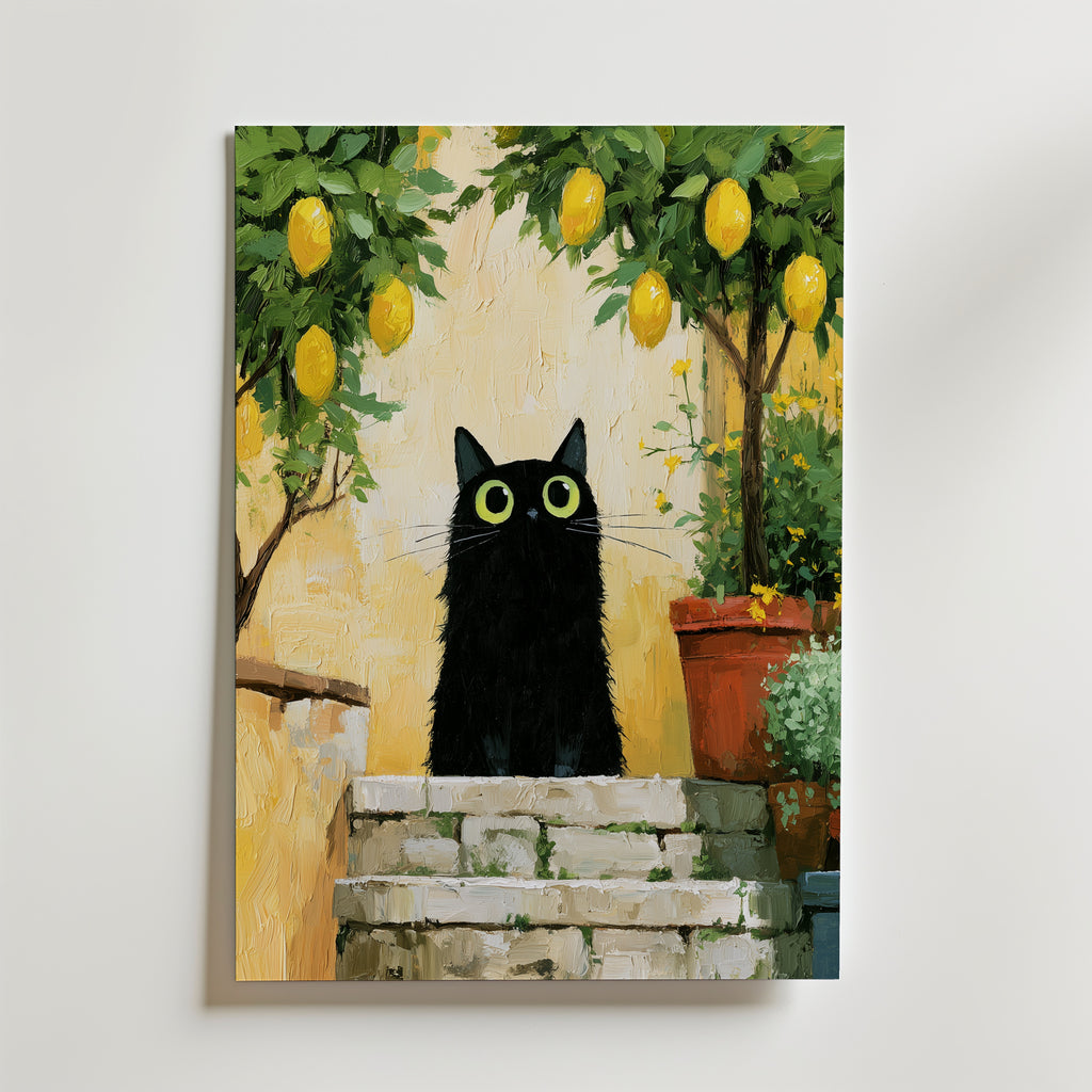 Cat in Lemon Garden Poster, svart katt under citrontrad, konsttryck fran Bozetto