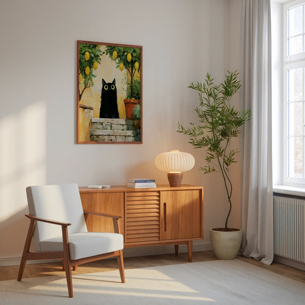 Cat in Lemon Garden Poster inramad pa en vagg i ett ljust vardagsrum