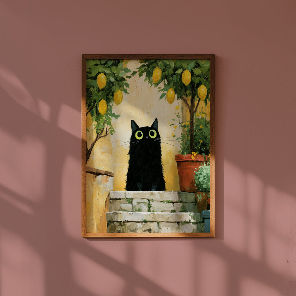 Cat in Lemon Garden Poster i en inredd rumsmiljo