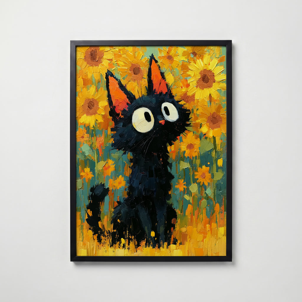 Cat in Sunflower Poster i svart ram fran Bozetto