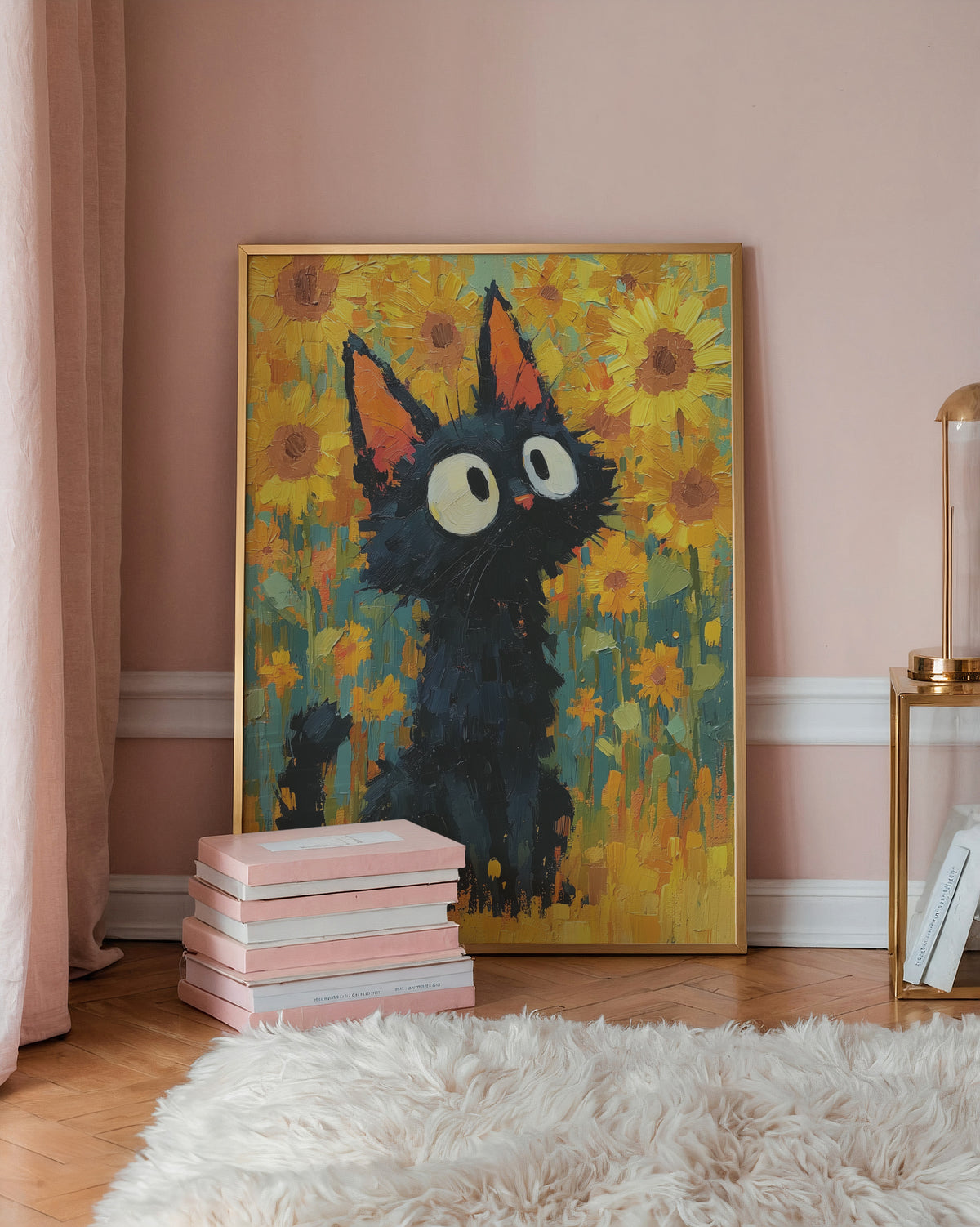 Cat in Sunflower Poster inramad pa en vagg i ett ljust vardagsrum