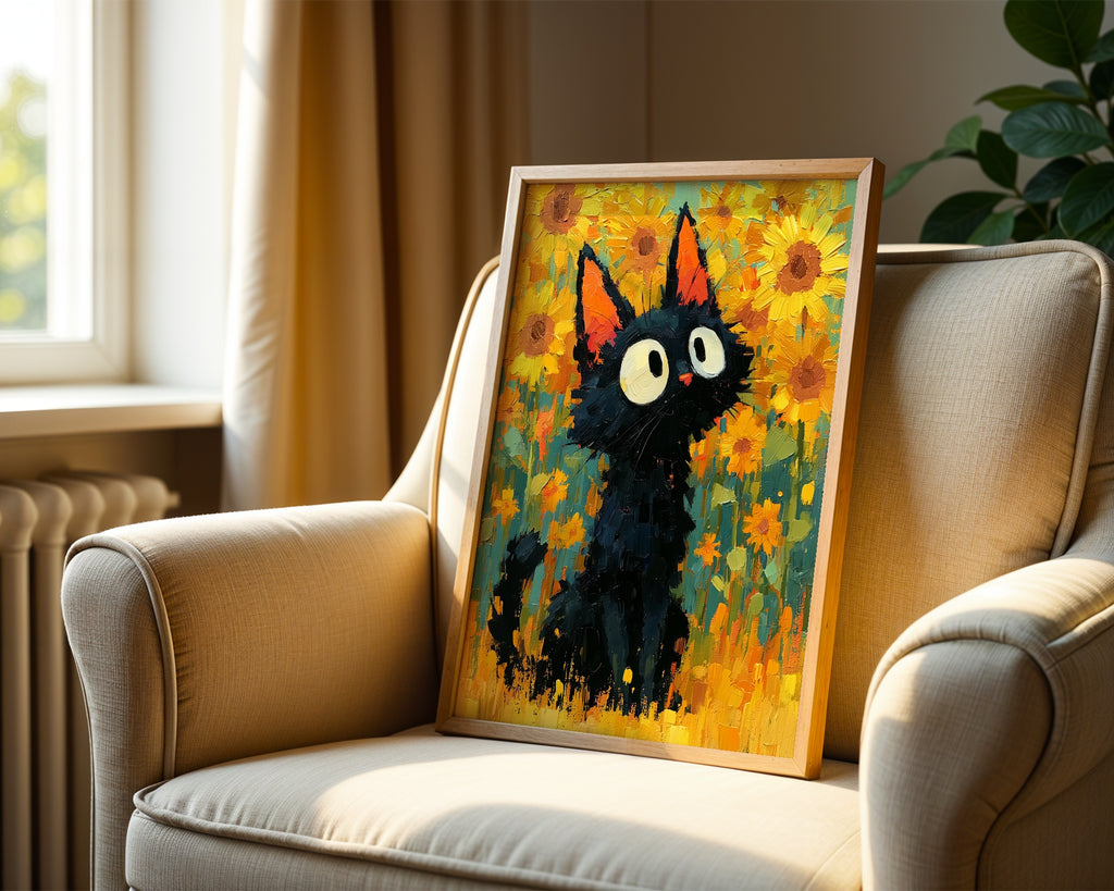 Cat in Sunflower Poster som inredningsdetalj over en soffa