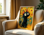Cat in Sunflower Poster som inredningsdetalj over en soffa