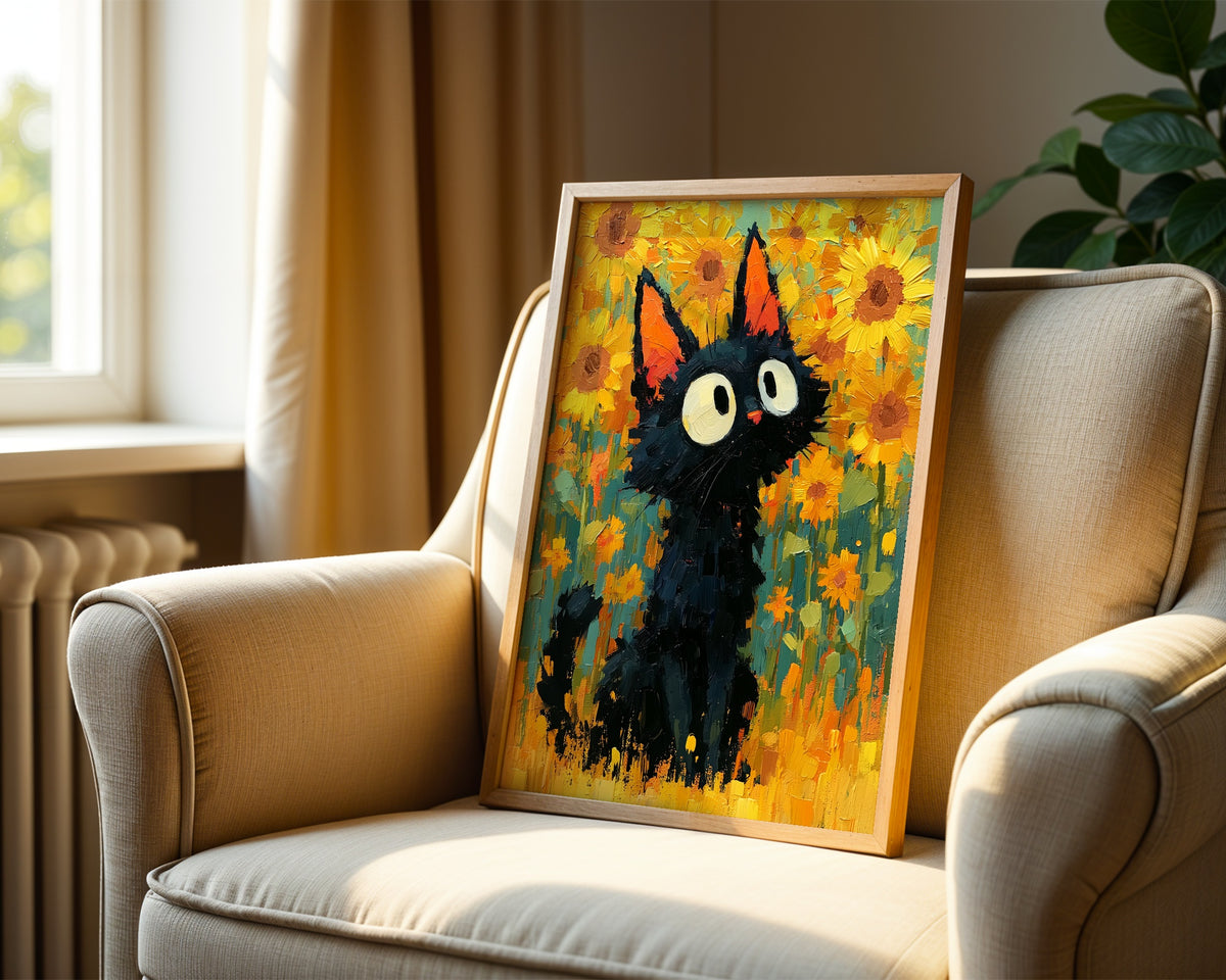 Cat in Sunflower Poster som inredningsdetalj over en soffa