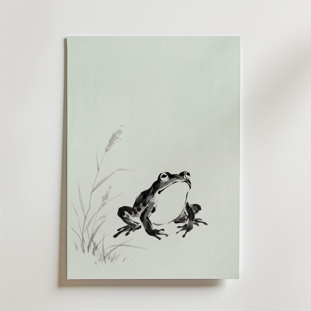 Celadon Frog Poster – tuschgroda i sumi-e mot celadongrönt, tryckt i Sverige