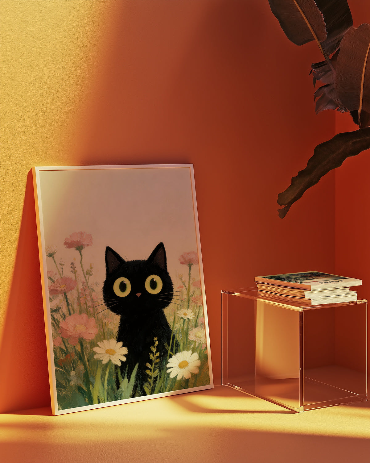 Curious Meadow Cat Poster i ram på vägg i inrett vardagsrum
