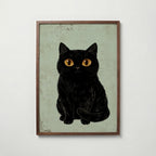 Curious Cat Poster, naivistisk svart katt med stora gula ögon i valnötsram, fri frakt över 499 kr hos Bozetto