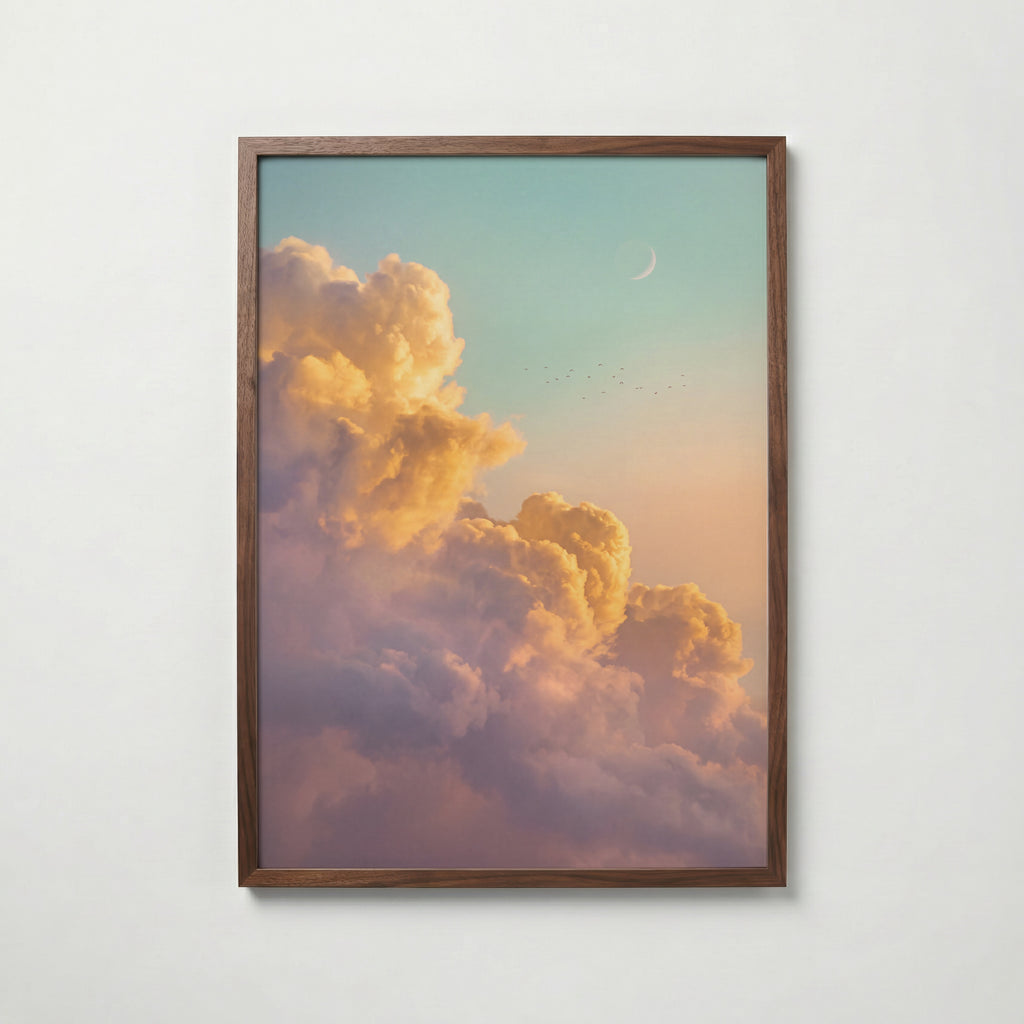 Dusk Drift Poster i valnötsram, bärnstensgula moln från Bozetto med fri frakt över 499 kr