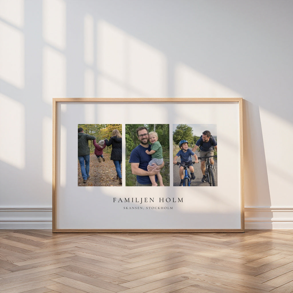 Liggande familjeposter med tre foton och familjenamn i ram mot vägg