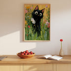Garden Cat with White Flower Poster i en inredd rumsmiljo