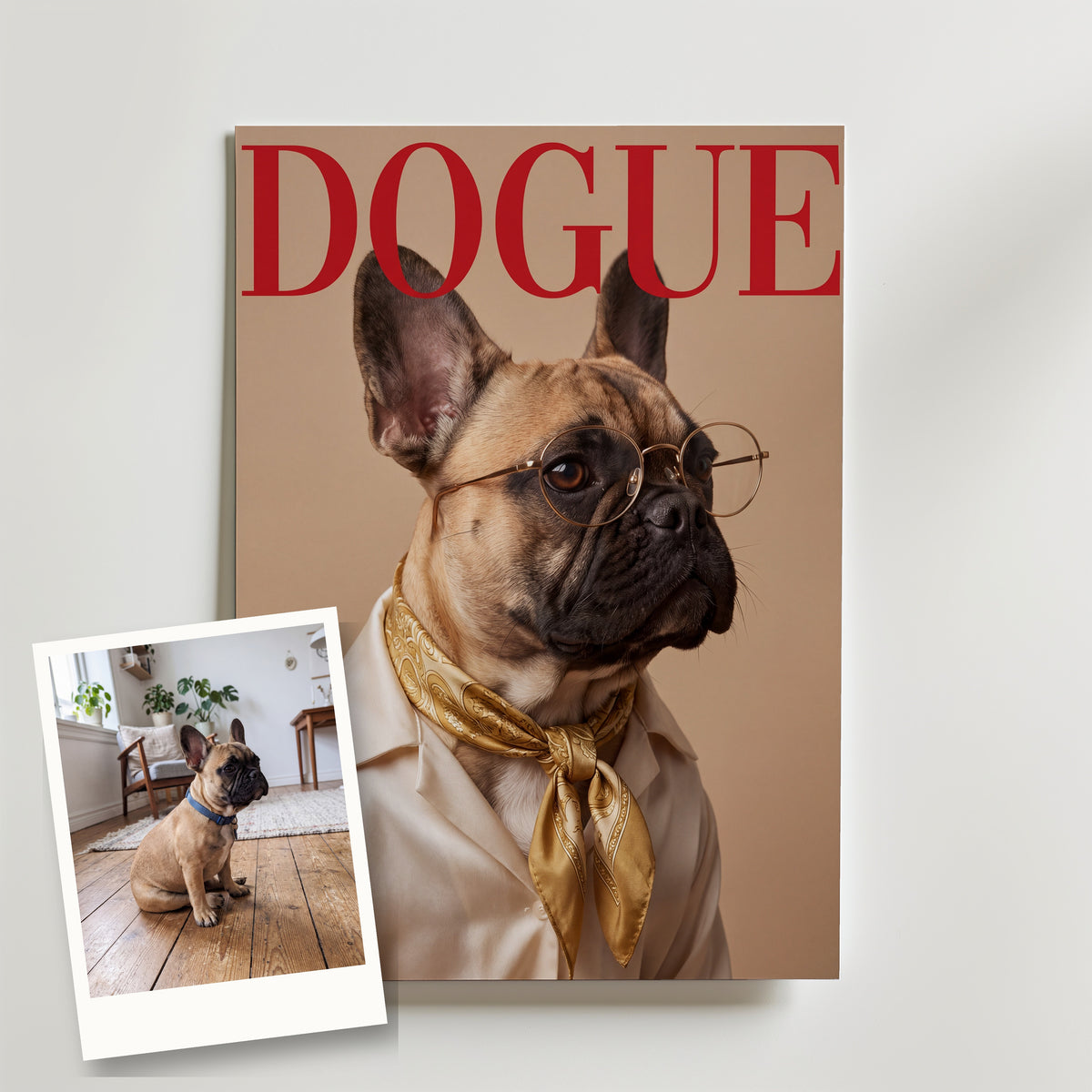 Före och efter: foto på den franska bulldoggen bredvid DOGUE-postern