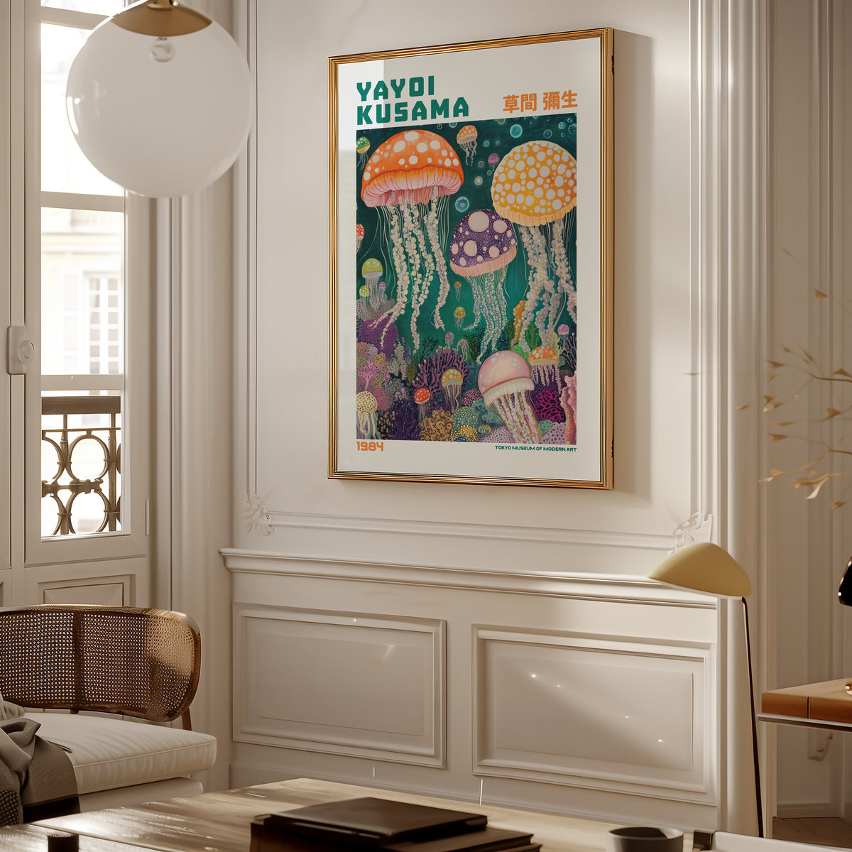 Yayoi Kusama Deep Sea Jellyfish Symphony poster i inramad miljö på vägg – konsttryck från Bozetto i hög kvalitet