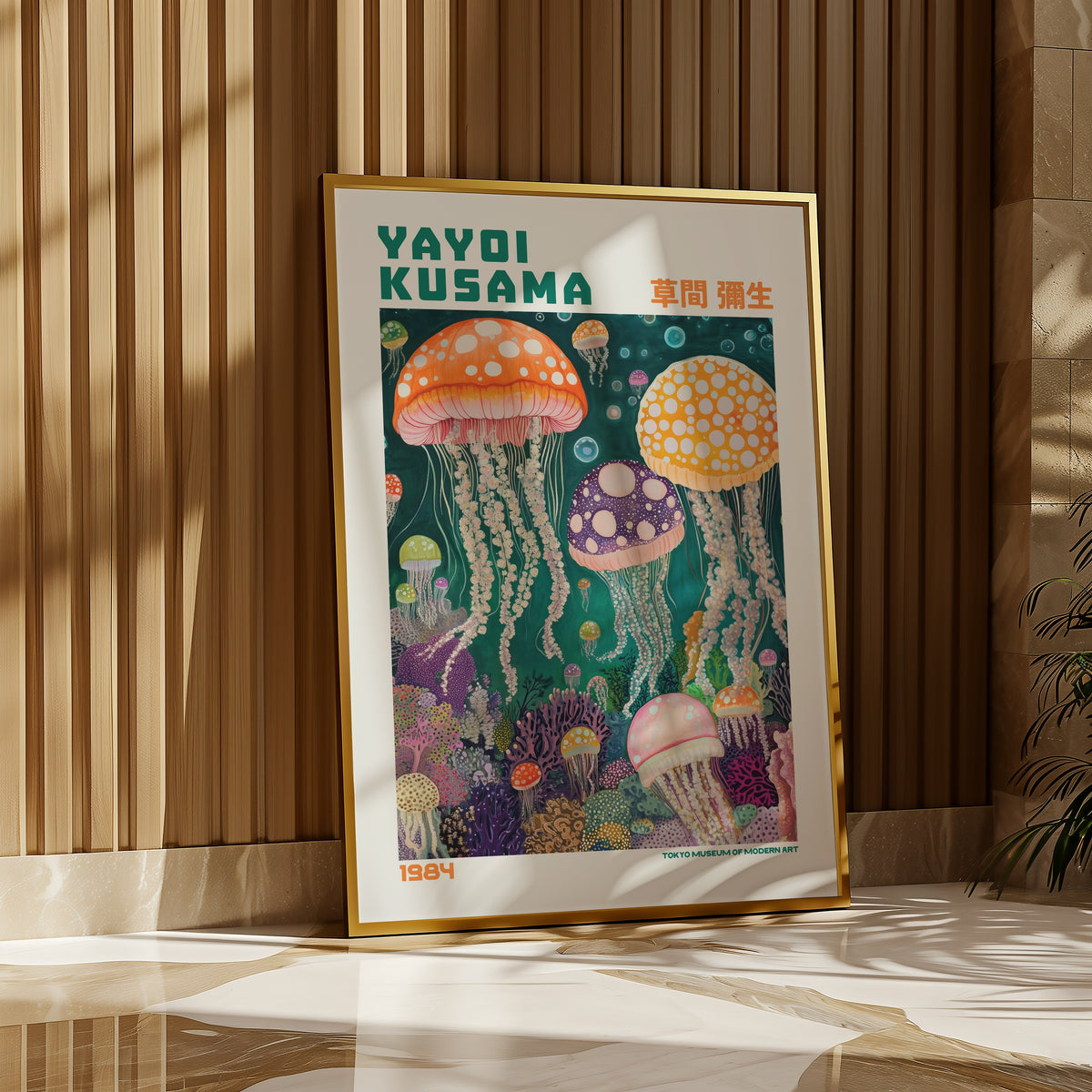 Yayoi Kusama Deep Sea Jellyfish Symphony poster på vägg i inrett rum – konsttryck från Bozetto i hög kvalitet