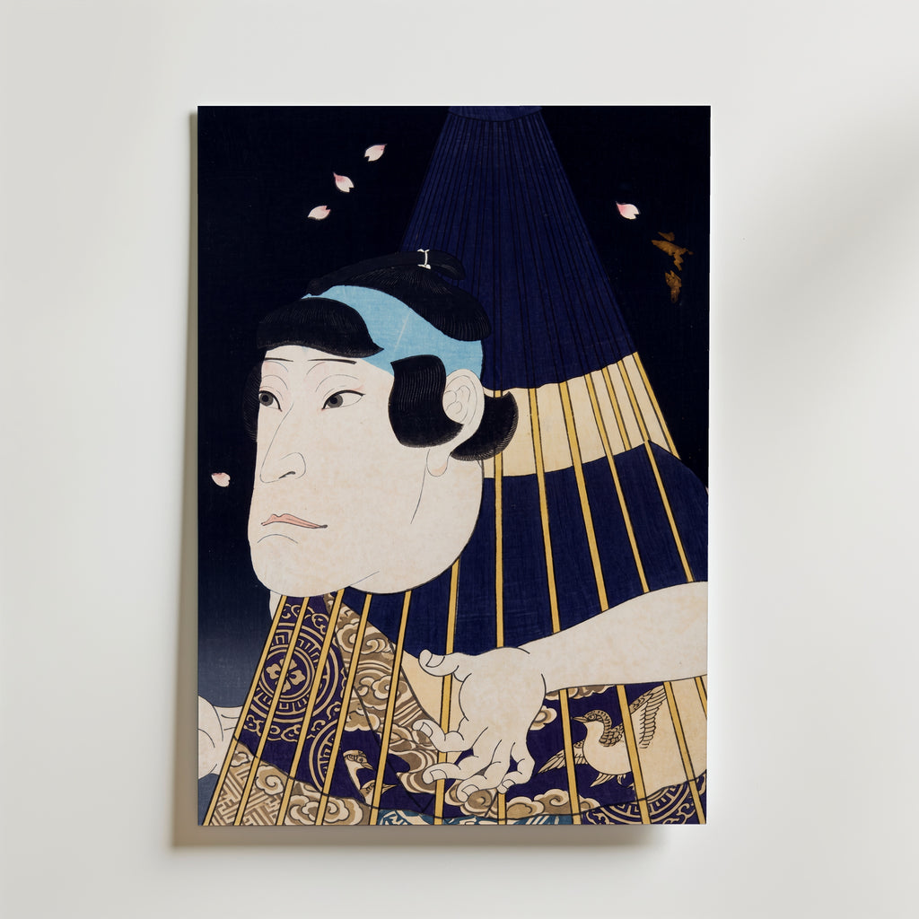 Kabuki Spirit Poster på canvas, japanskt träsnitt med kabukifigur och paraply, från Bozetto