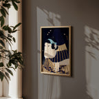 Kabuki Spirit Poster i vardagsrum, ukiyo-e-konst i indigo och guld, från Bozetto