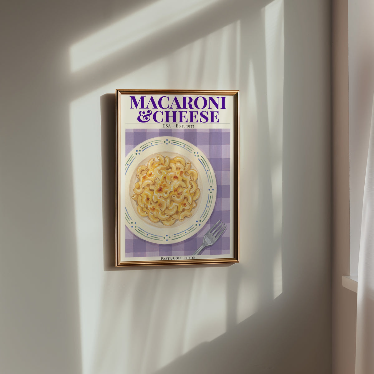 Macaroni & Cheese poster i stilren inredning – Bozetto konsttryck i hög kvalitet