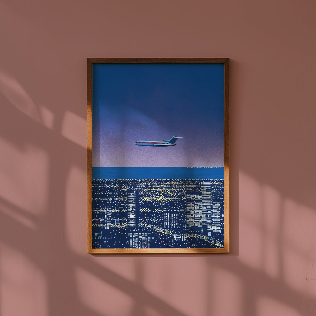 Hiroshi Nagai Twilight Flight poster på vägg i inrett rum – konsttryck från Bozetto i hög kvalitet