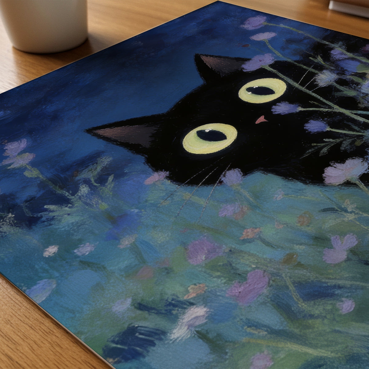 Night Whisper Cat Poster i ram på skrivbord - Bozetto