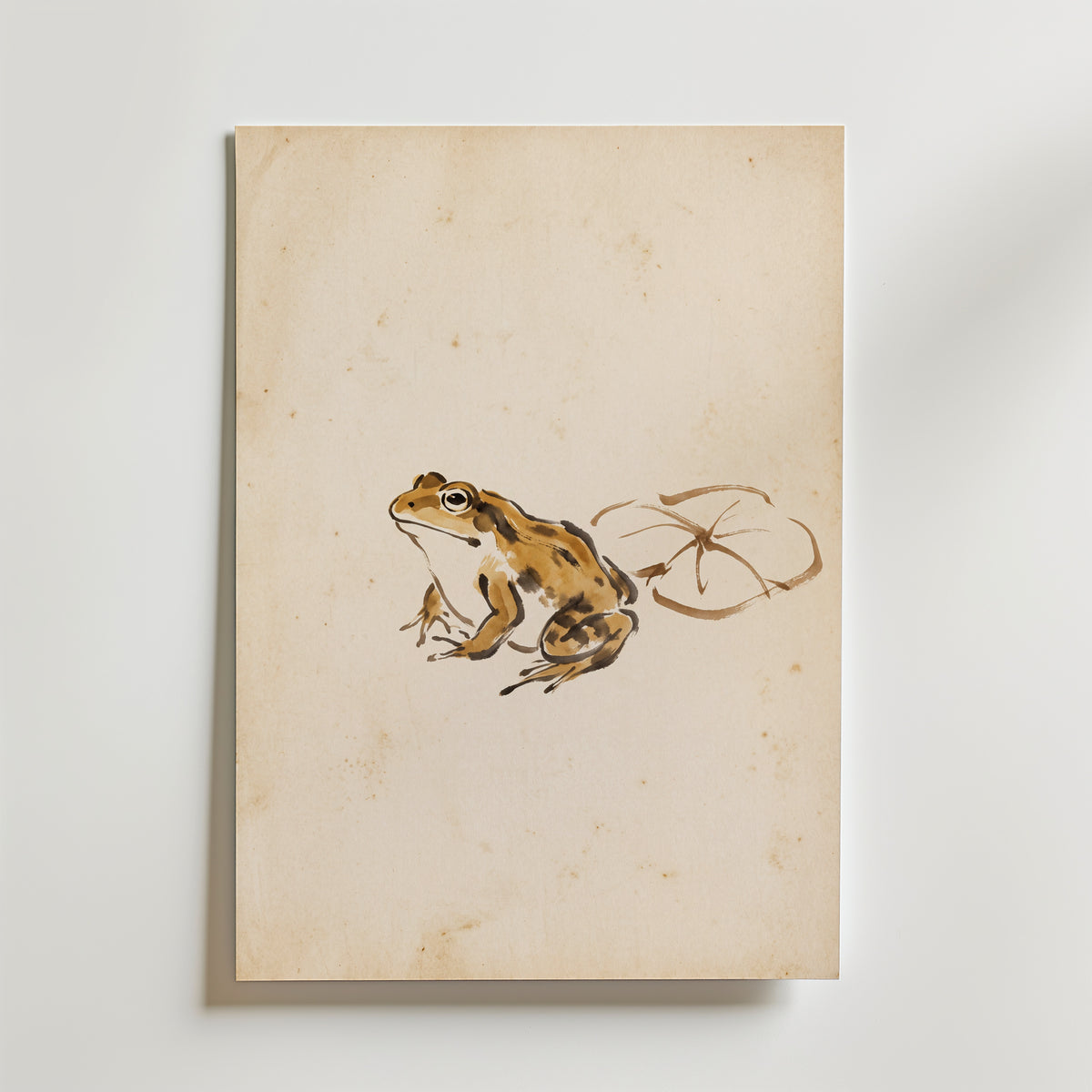 Ochre Zen Pond Poster med sumi-e groda i varm ockra och sepia på åldrat papper
