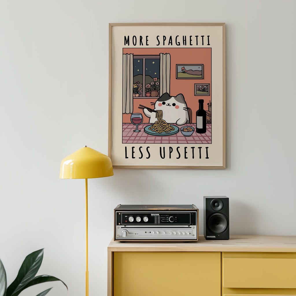 Spaghetti Comfort Cat poster i stilren inredning – Bozetto konsttryck i hög kvalitet