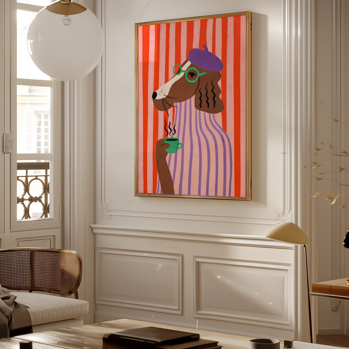 Parisian Morning Dog affisch i stilfull rumsmiljö – Bozetto poster i hög kvalitet